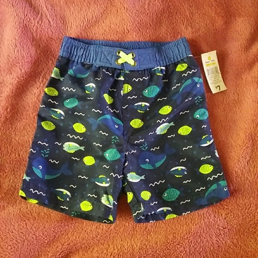 Playful Blue and Green Space-Themed Swim Shorts